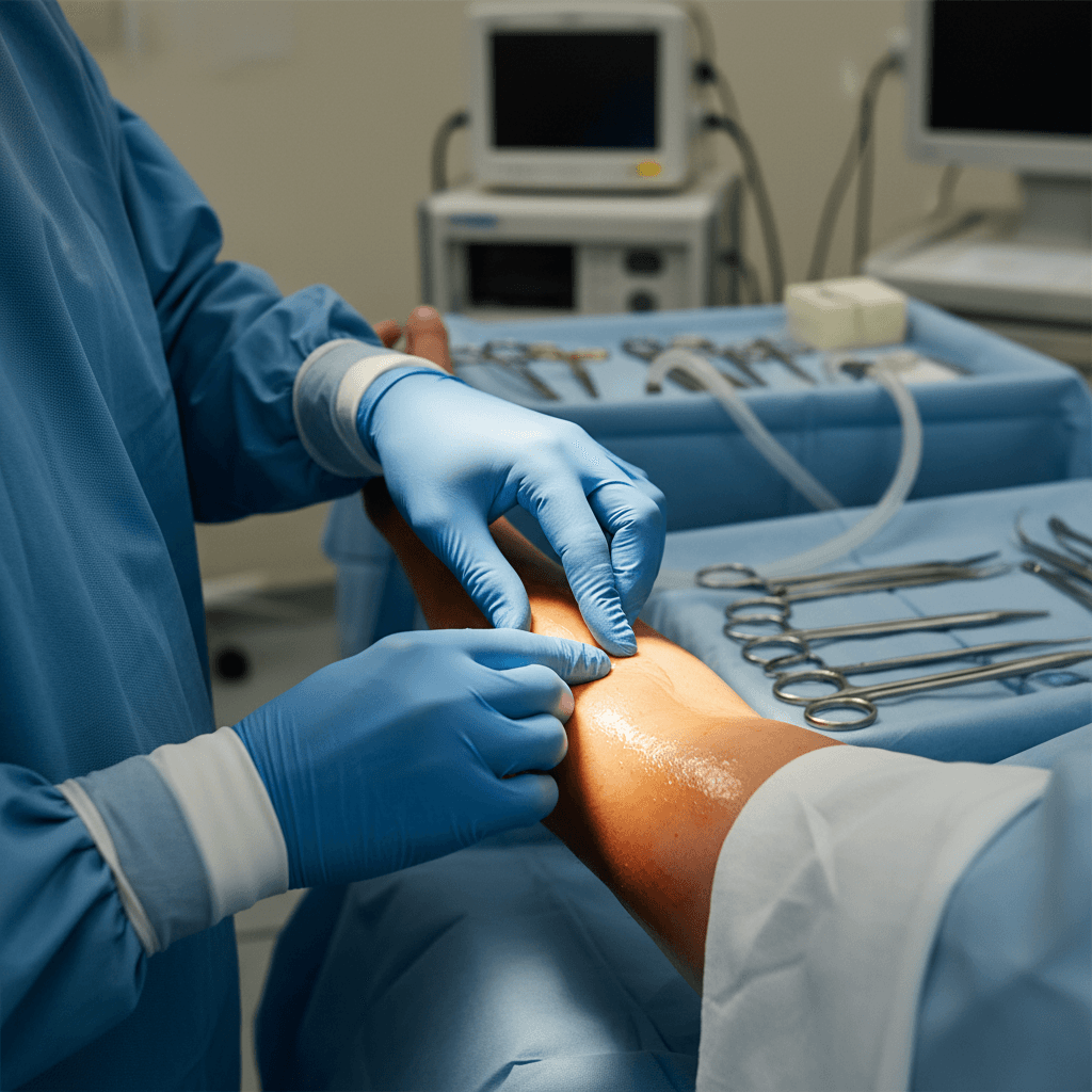 Surgeon examining patient shoulder