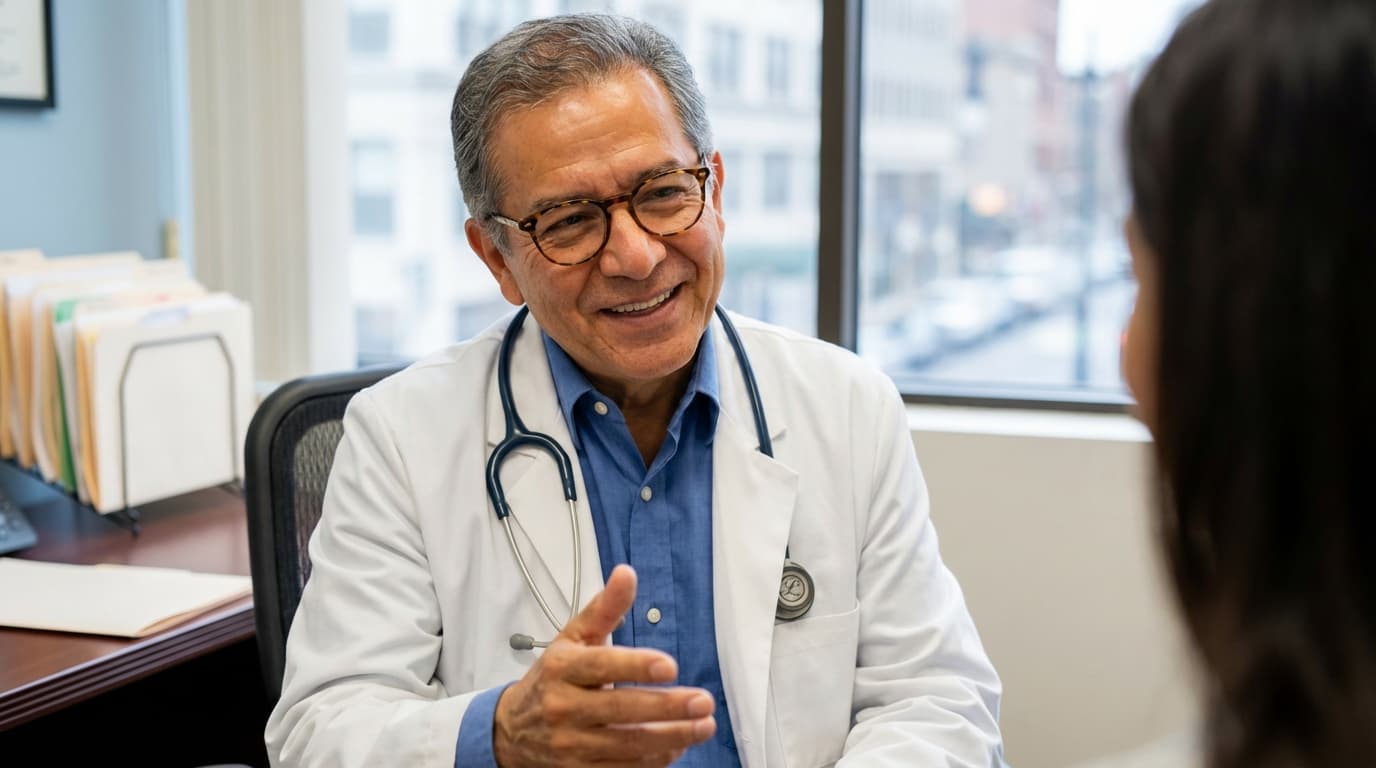 Smiling male doctor in a white coat and stethoscope talking to a patient in a medical office.