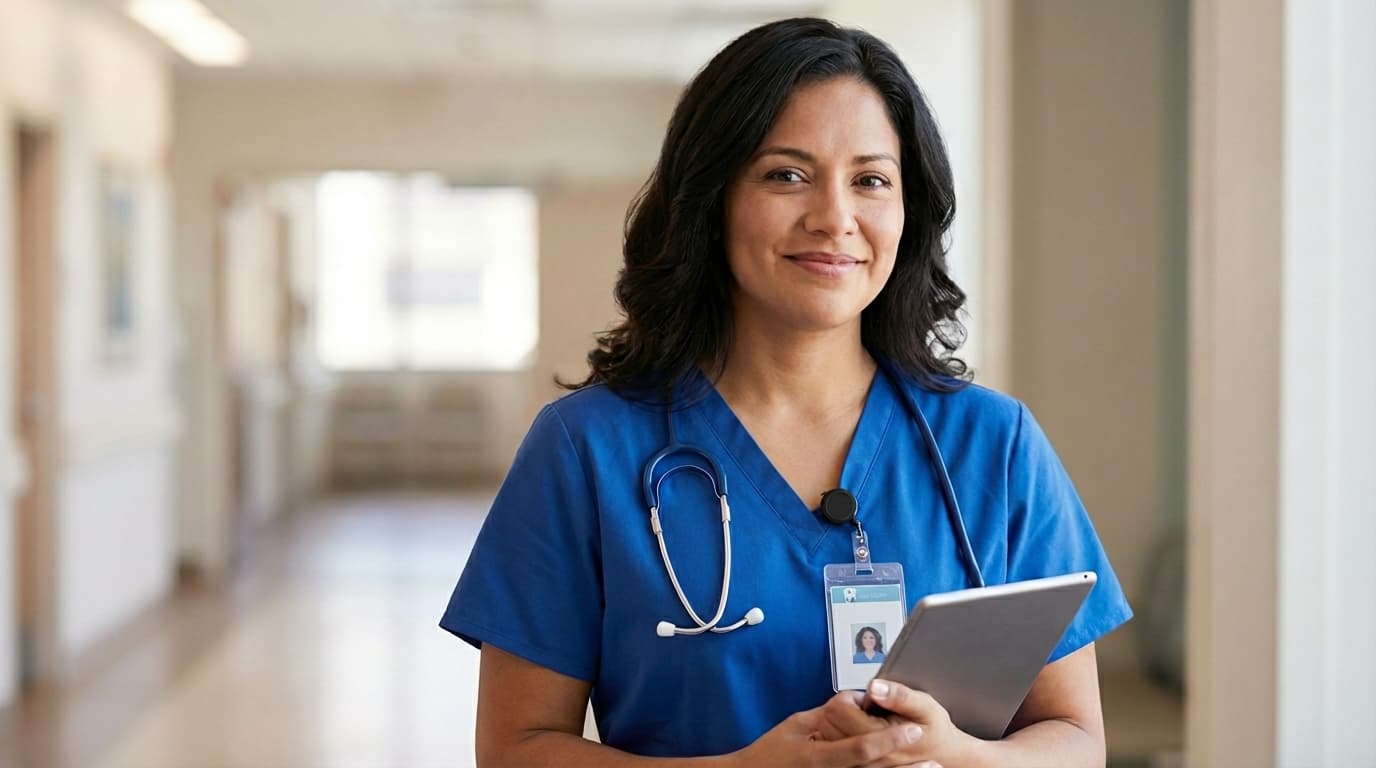 Smiling female healthcare professional in blue scrubs holding a tablet in a hospital hallway.