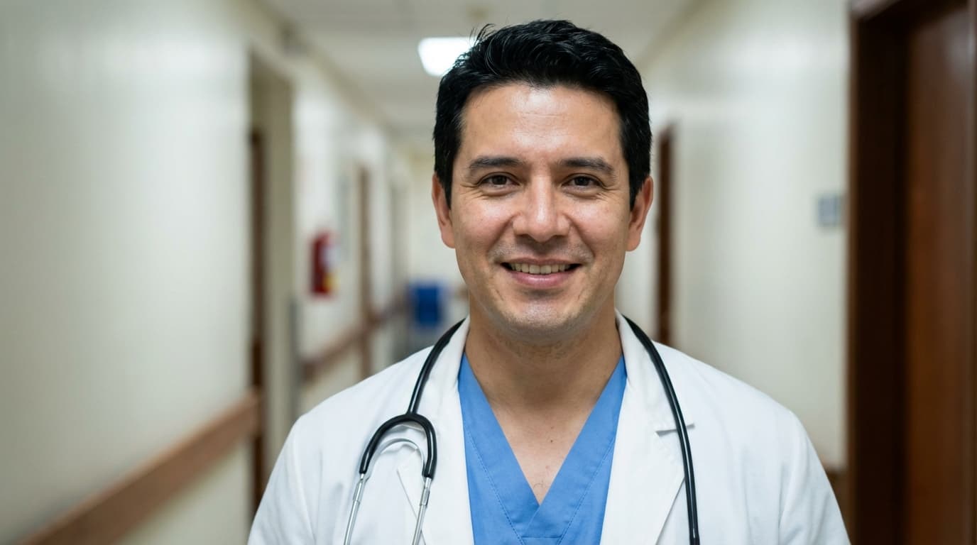 Smiling male doctor in a white lab coat and stethoscope in a hospital hallway.