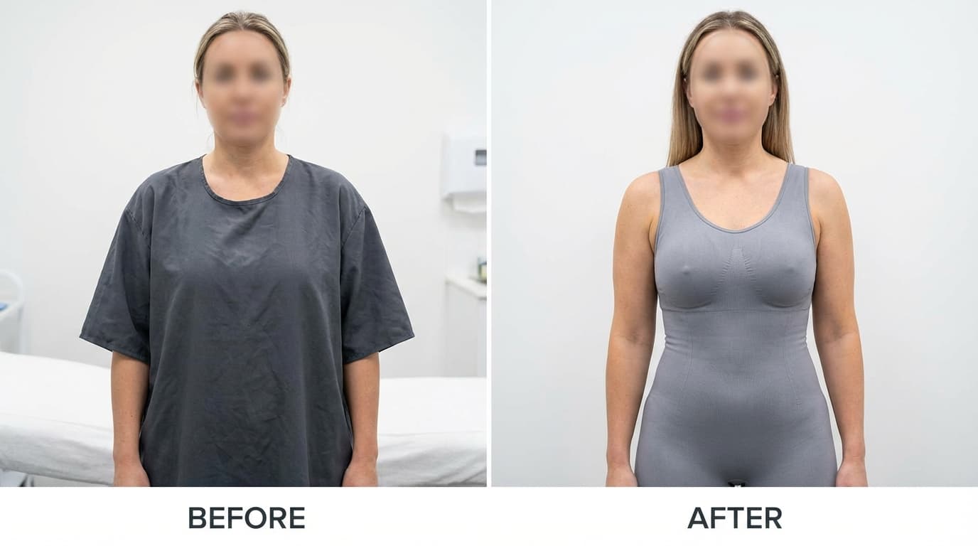 Before and after comparison of a woman's body transformation, showcasing a more defined silhouette.