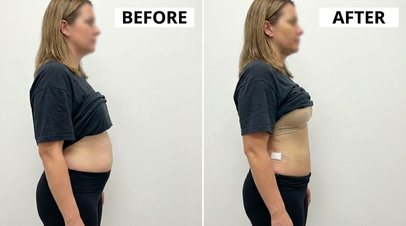 Before and after profile photos showing a woman's flatter abdomen with a bandage post-procedure.