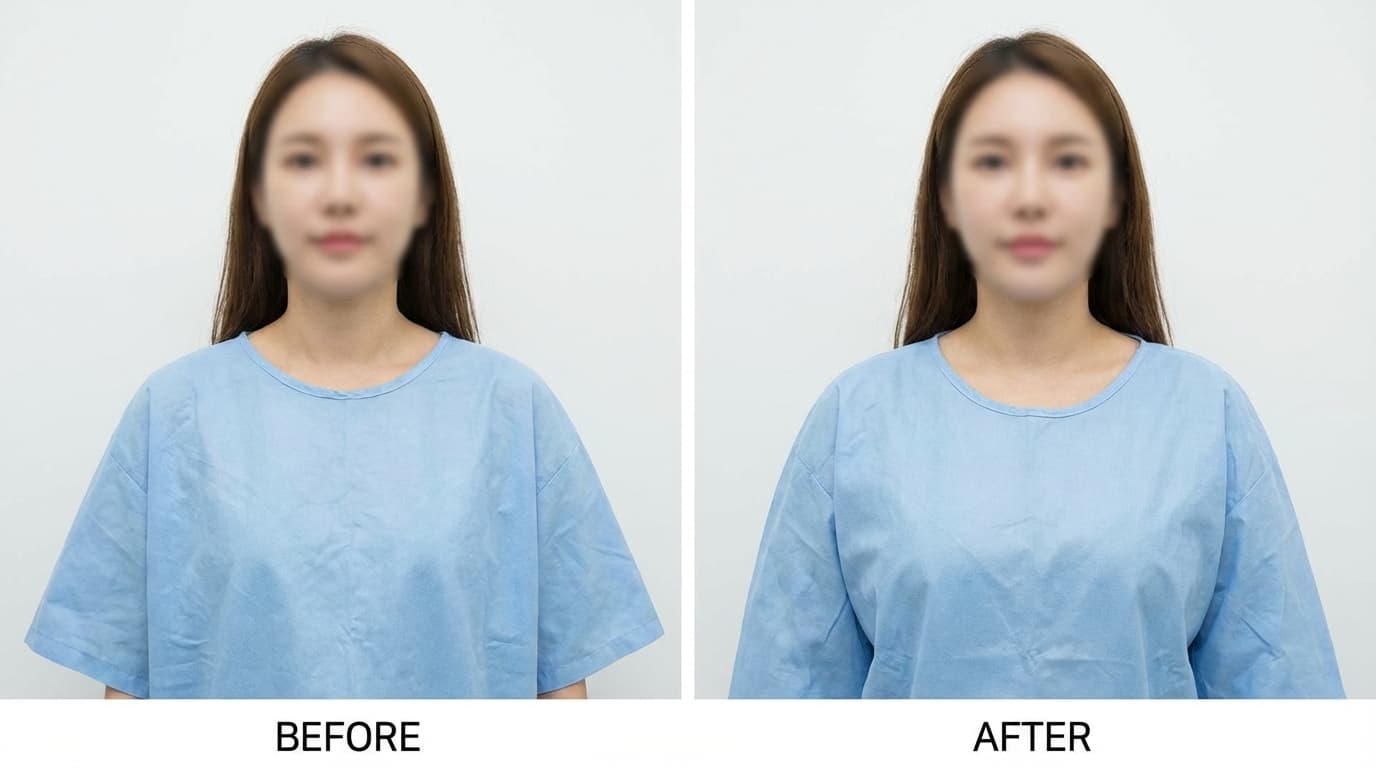 Before and after photos of a woman in a blue gown showing breast augmentation results.