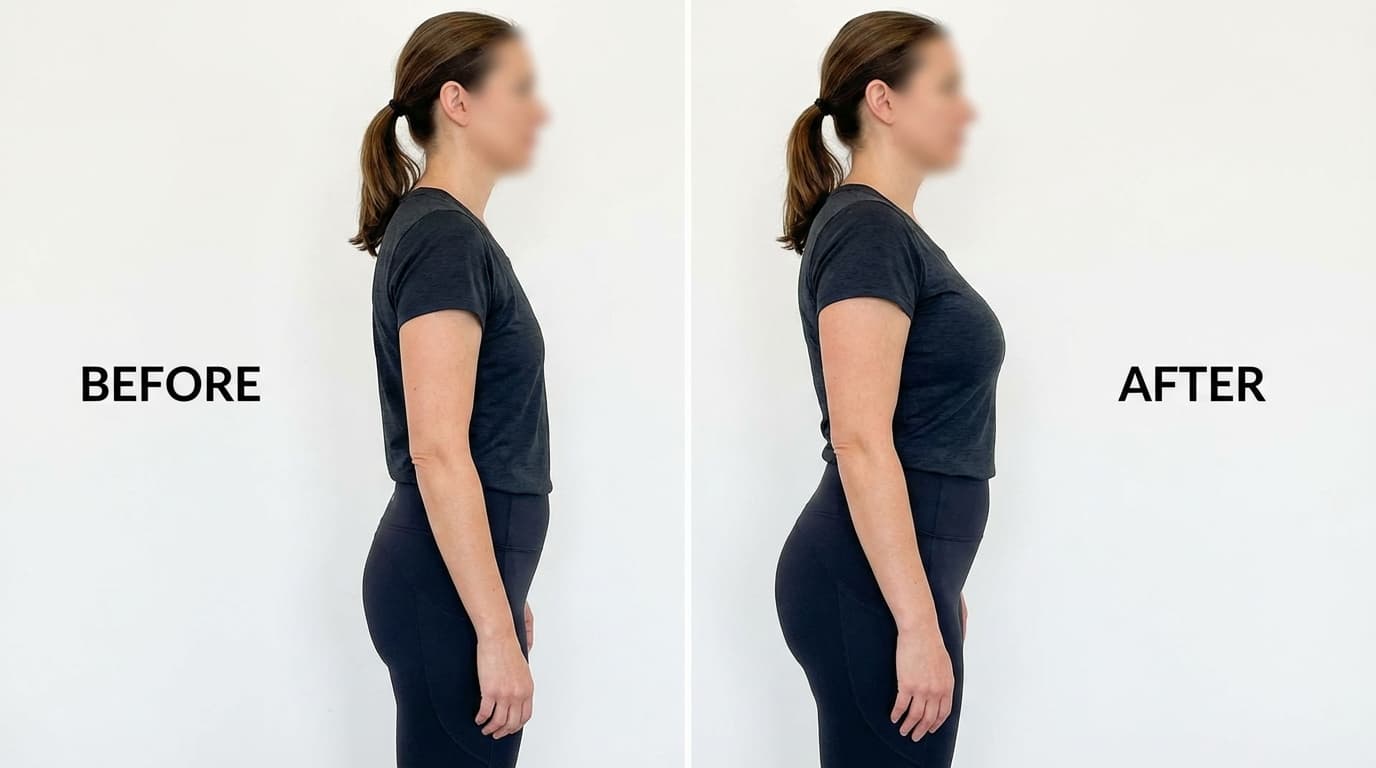 Side profile comparison of a woman showing improved posture and shape, labeled before and after.