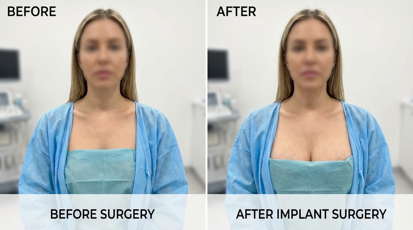 Side-by-side comparison of a woman before and after undergoing breast implant augmentation surgery.