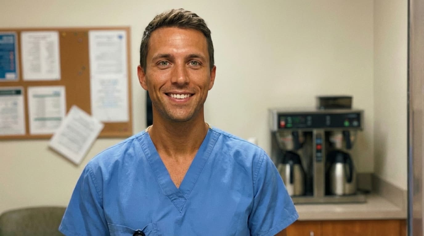 Smiling man in blue scrubs stands in an office breakroom with a coffee maker.